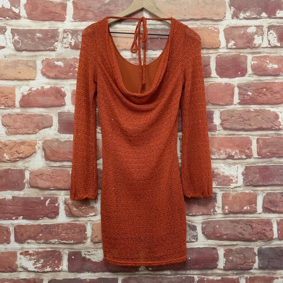 Umgee Dress Women's Medium Rust Orange Drape Back Tie Neck Sequin Knit Pullover - Picture 2 of 9